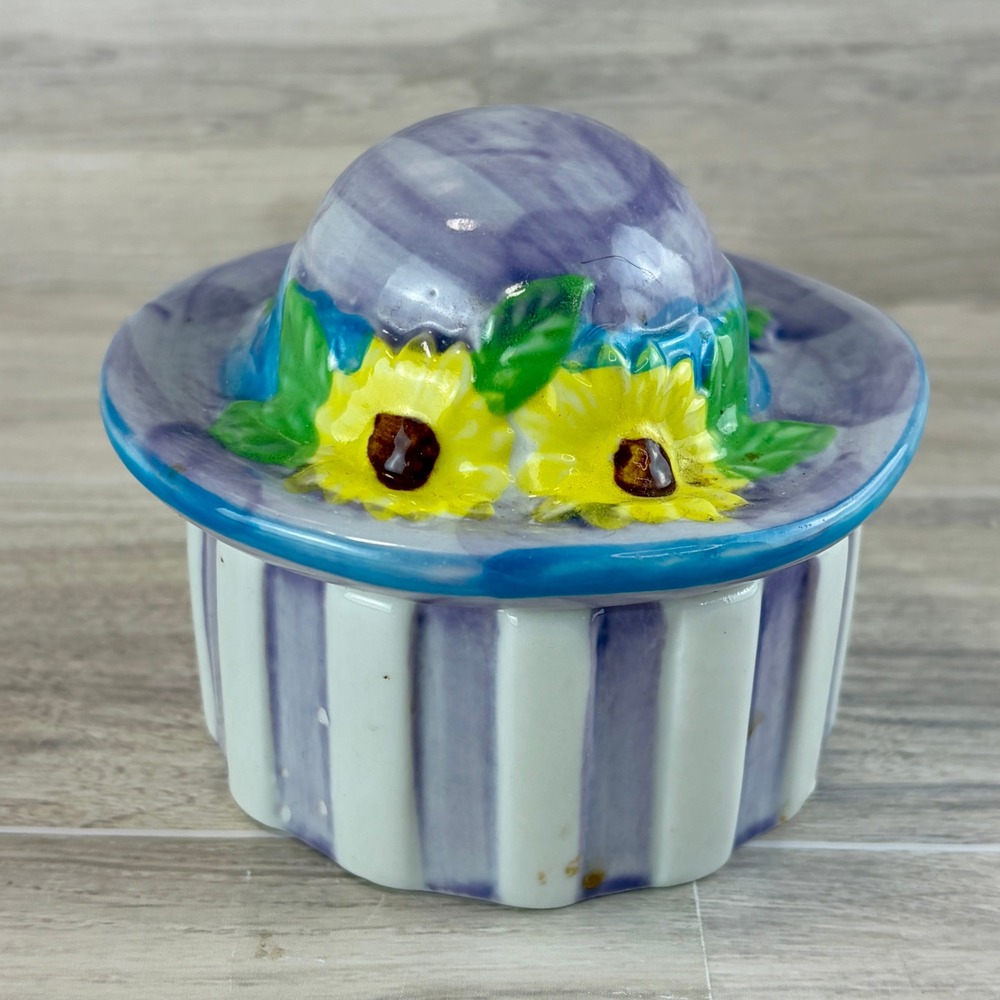 Purple Ceramic Sun Hat Trinket Box Sunflower Lid Striped Base Keepsake Jar